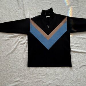 Sandro Black Zip-Up Sweater with Blue and Brown Chevron